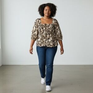 Ava & Viv Women's Black Gold Floral‎ Smocked 3/4 Balloon Sleeve Boho Top Size 1X